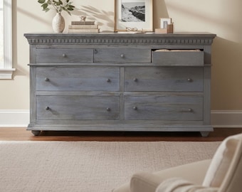 Handcrafted 7-Drawer Dresser Light French Grey Farmhouse Style Large Bedroom Chest Of Drawers
