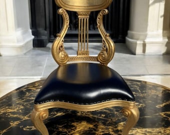 Pair Lyre Back Dining Chairs Gold Accent Black Leather Louie XVI Style