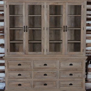 Farmhouse Pine Hutch: 9-Drawer Glass Door Display Cupboard