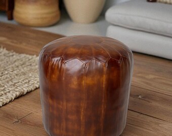 Modern light Brown Leather Round Ottoman Footstool Pouf