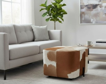 Genuine Cowhide Low Ottoman Stool Poufs Southwestern Footstool Brown