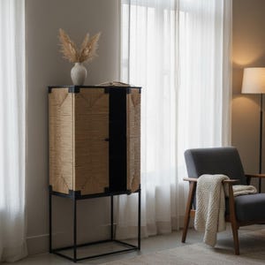 Industrial Coastal Rattan 2 Door Boho Wicker Iron Base Midcentury Modern Linen Kitchen Liquor Cabinet