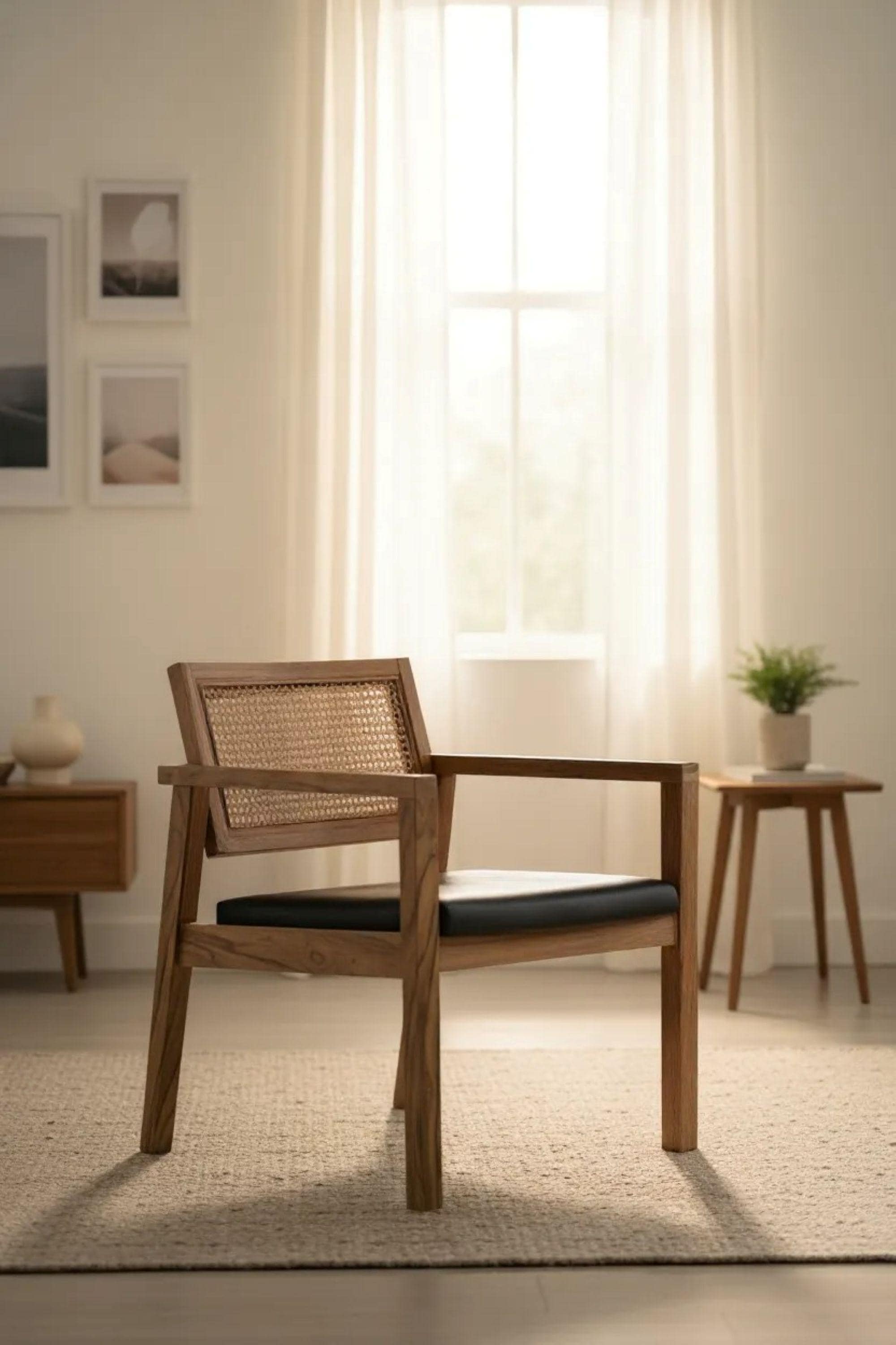 Caned Back Teak Armchair Leather Dining Kitchen Office Kitchen