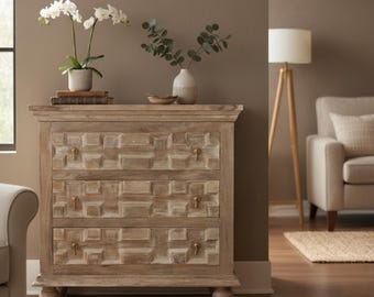Hand Carved Wood 3-Drawer Dresser – Modern Bedroom Furniture