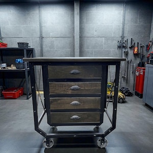 Industrial Modern Rolling Workbench: 4 Drawer Wood Top Storage Cabinet