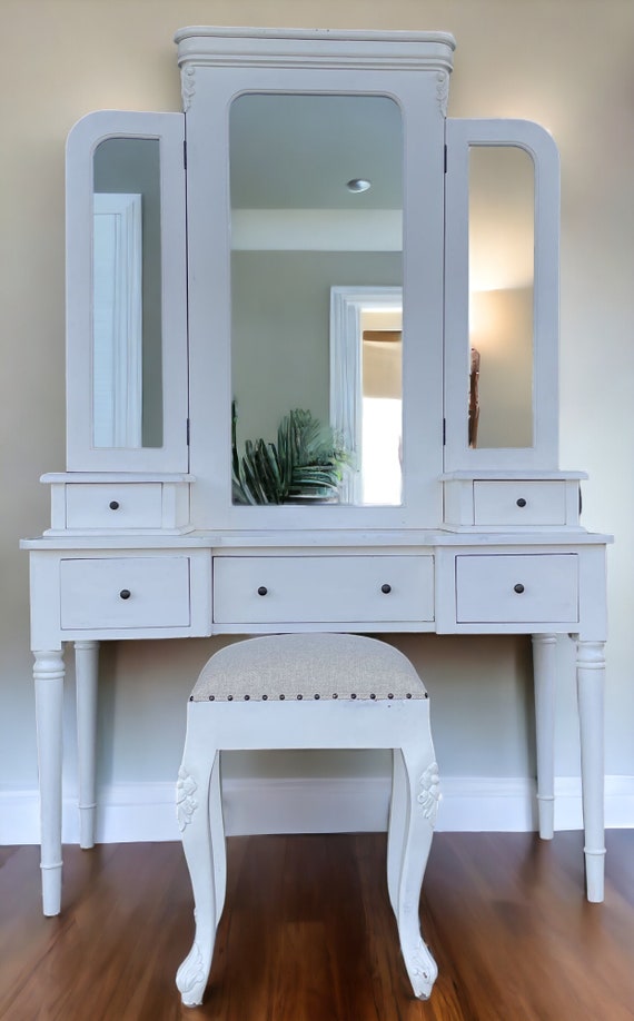 French Provincial Carved Dressing Table and Stool Large Solid