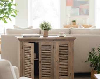 Farmhouse Country 3 Door Shutter Linen Kitchen Storage Cabinet Media Console Coastal