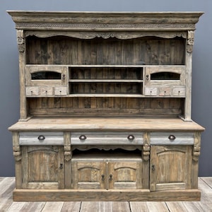 Farmhouse Style French Country Kitchen Cupboard Rustic Large Storage Cabinet Dining Hutch Distressed Hand Carved Solid Wood Buffet