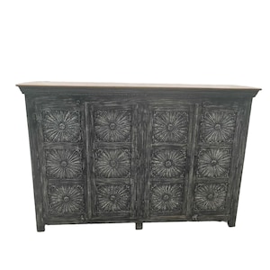 Hand Carved Flower Door Mango Wood Buffet - Black Entryway Cabinet