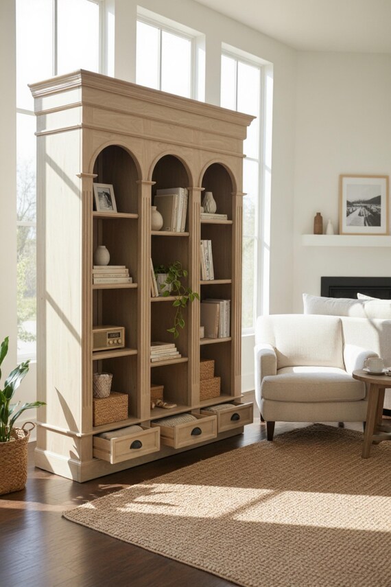 Hand Carved Solid Wood Bookcase Roman Arch French Country Cabinet