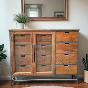 Teak Steam Punk Industrial 8 Drawer Rustic Pull Drawers 2 Glass Drawers Modern Cabinet Bathroom Kitchen Den
