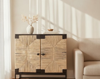 Industrial Coastal 2 Door Rattan Boho Wicker Linen Kitchen Storage Modern Cabinet