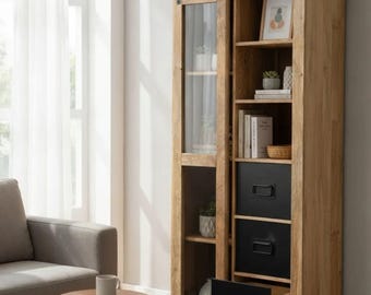 Industrial Sliding Glass Door 3 Drawers Modern Kitchen Dining Room Storage Cabinet Tall
