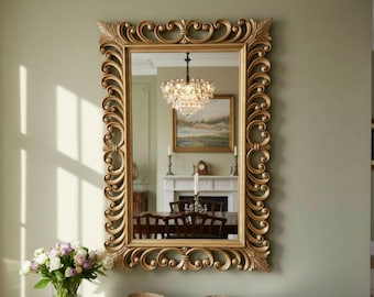 Hand Carved Solid Wood Mirror French Country Gold Wall Decor