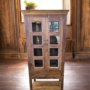 Glass Door Primitive Rustic Cabinet 8 Glass Paneled Natural Display Tall Kitchen Linen Storage Pantry Open Shelf Hand Carved Bookcase Chic