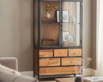 Teak & Iron Display Case Storage 2 Door China Cabinet Industrial Modern 11 Drawer