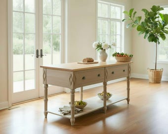 Mesa de cocina estilo granja francesa con isla de madera maciza tallada a mano