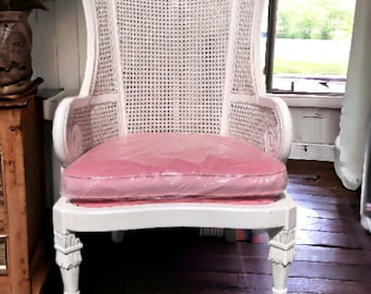 Pink Cushion French Provincial Rattan Cane Wicker Solid Wood Distressed White Wingback Armchair Shabby Chic Primitive