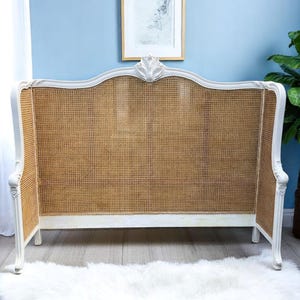 French Country King Headboard Double Hole Cane Carved Solid Mahogany Bedroom Designer Louis XV Continental Hand Carved Rare Beach Coastal