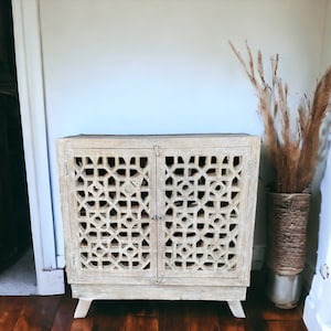 Carved Fretwork Solid Wood Accent Cabinet - Whitewash Finish