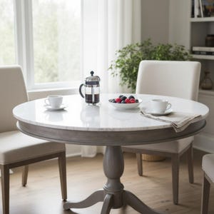 Hand Carved Mahogany Wood Small Dining Table Round Marble Top Pedestal Accent