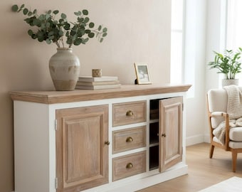 Two-Toned Farmhouse 3 Drawer 2 Door Sideboard Buffet Media Cabinet Coastal
