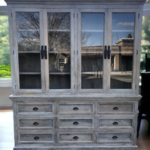 Solid Wood Coastal Bookcase: Glass Door Display Hutch with Drawer Base