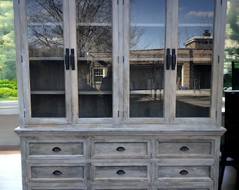 Solid Wood Coastal Bookcase: Glass Door Display Hutch with Drawer Base