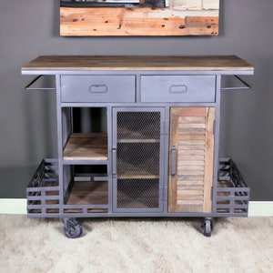 Industrial Bar Cart on wheels Coffee Bar Midcentury Modern 2 Drawers Storage Trolley Portable Island