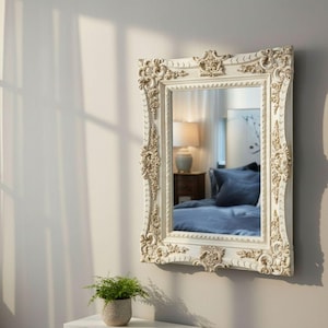 French Country Wall Mirror Distressed White with Gold Trim