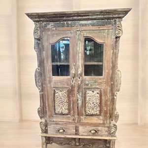 Reclaimed Hand Carved Glass Door Cabinet: Distressed Linen Storage