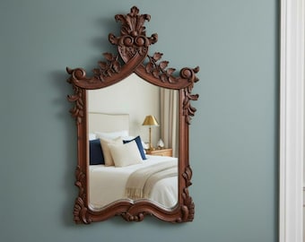 French Country Large Rustic Walnut Wall Decor Hanging Mirror Solid Wood Hand Carved
