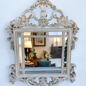 French Country Distressed Wall Accent Victorian Hand Carved Shabby Chic Framed Mirror Entryway Bathroom Den Gold/Off White