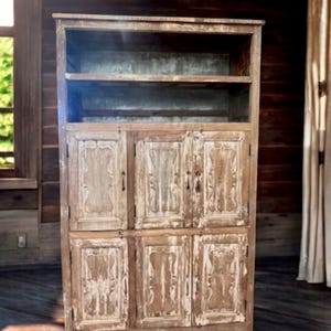 Reclaimed Farmhouse Rustic Large Kitchen Den Storage Pantry Cabinet Distressed 6 Door 2 Open Shelves Primitive Amish