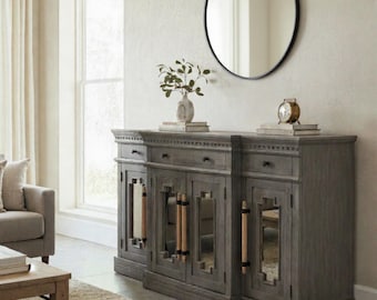 Coastal Cathedral Mirrored Doors Sideboard Modern Credenza Buffet Server Console 4 Door 4 Drawers