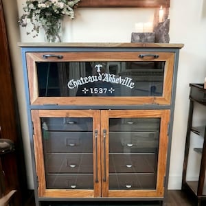 Teak Industrial Midcentury Modern Glass Display Storage Linen Kitchen Cabinet 8 Drawers