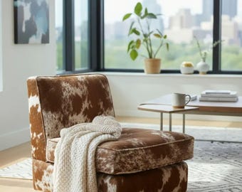Genuine Cowhide Oversized Accent Lounge Chair Southwestern High Back Brown and white