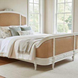 May include: A white bed with a woven cane headboard and footboard. The bed is made up with white bedding, pillows, and a light-coloured throw. The room has large windows and a neutral colour scheme.