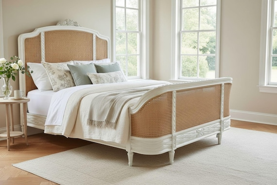 Double Cane French Country Complete Bed Shabby Chic Bedroom Furniture Hand Carved Queen