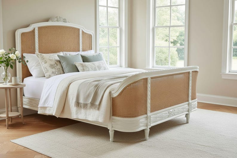 May include: A white bed with a woven cane headboard and footboard. The bed is made up with white bedding, pillows, and a light-coloured throw. The room has large windows and a neutral colour scheme.
