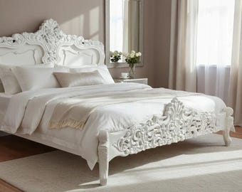 Louis XV French Rococo Hand Carved White Lace Bed King Frame