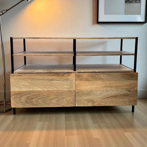 Industrial Modern Open Shelf Console Table: Solid Wood Media Credenza