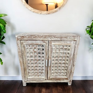 Coastal Hand Carved 2 Door Mirrored Cabinet Distressed Gothic Medieval Linen Kitchen Storage Cabinet