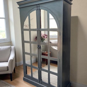Distressed Black Arched Glass Accent Cabinet: Hand Carved Solid Wood Modern Bookcase