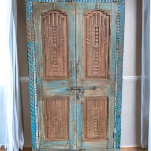 Hand Carved Distressed Rustic Farmhouse 2 Door Pantry Hutch Coastal Beach House Tropical Cabinet Primitive Kitchen Dining Room Tall Storage
