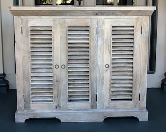 Farmhouse Country 3 Door Shutter Linen Kitchen Storage Cabinet Media Console Coastal