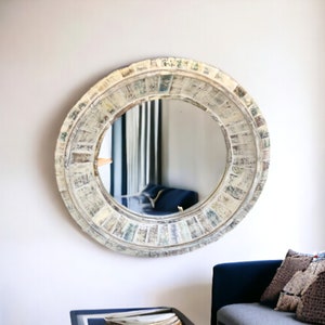 Hand-Carved Round Wall Hanging Mirror Shabby Chic Primitive Solid Wood Coastal Beach House