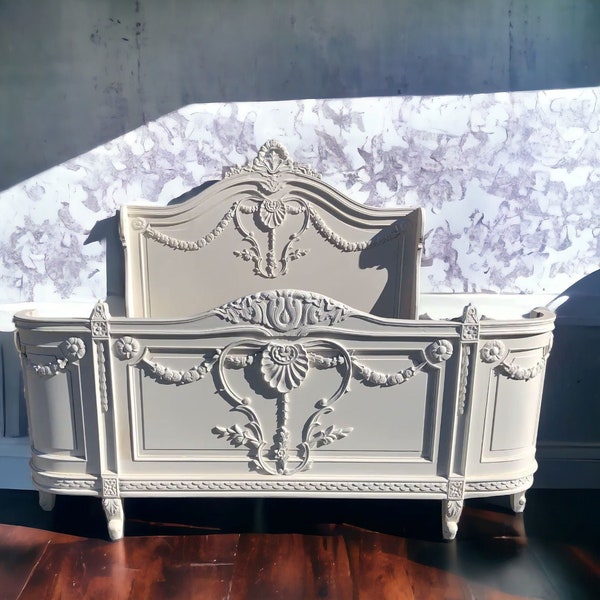 Chateau Shabby Chic Primitive Bed Frame Headboard Footboard and Rails King Hand Carved Victorian