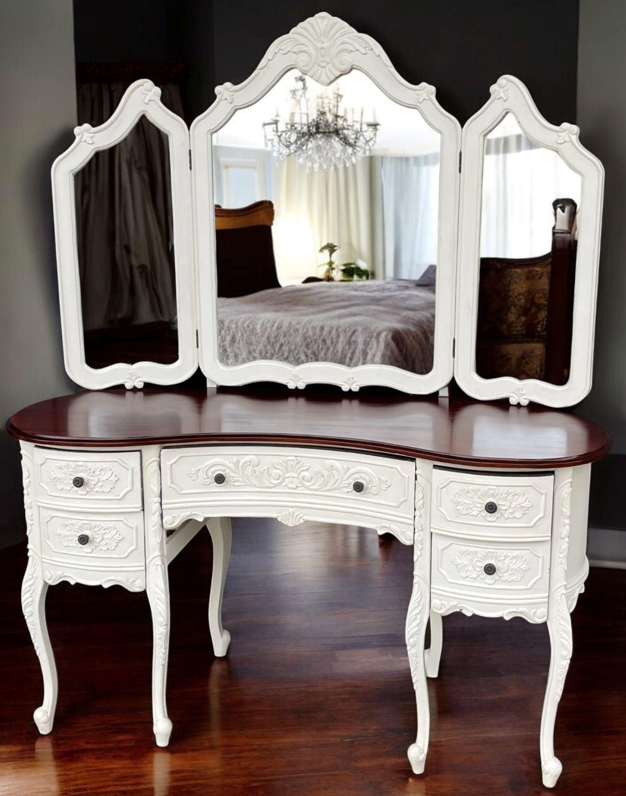 French Country Kidney Triple Mirror Vanity Makeup Table White Shabby Chic Privative 5 Drawer Elegant Hand Carved Storage Compartments