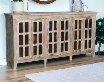 Handcrafted Wooden Sideboard Farmhouse Country Glass Buffet Server Credenza Display Cabinet